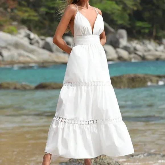 White Boho Womens Contrast Lace Ruffle Hem Cami Dress - Picture 1 of 5